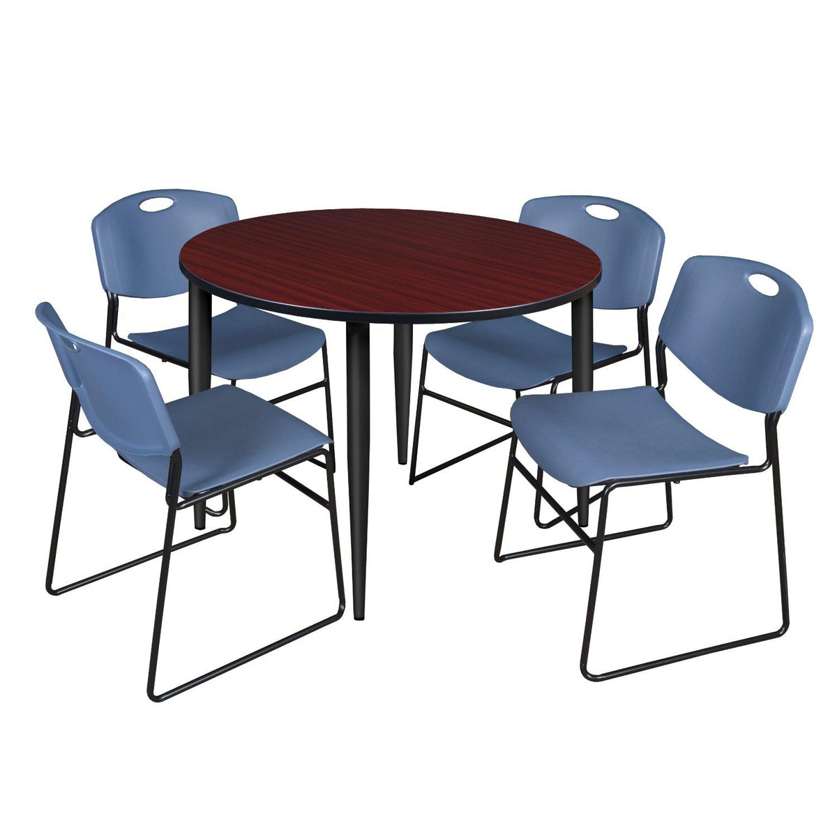 Kahlo Round Breakroom Table and Chair Package, 48" Round Kahlo Tapered Leg Breakroom Table with 4 Zeng Stack Chairs