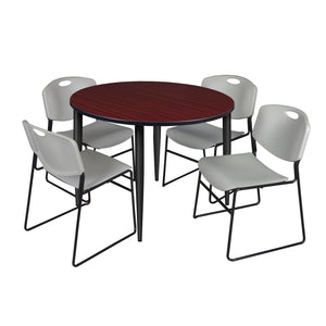 Kahlo Round Breakroom Table and Chair Package, 48" Round Kahlo Tapered Leg Breakroom Table with 4 Zeng Stack Chairs