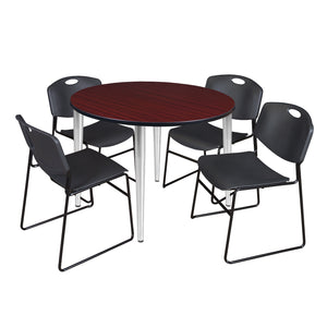 Kahlo Round Breakroom Table and Chair Package, 48" Round Kahlo Tapered Leg Breakroom Table with 4 Zeng Stack Chairs