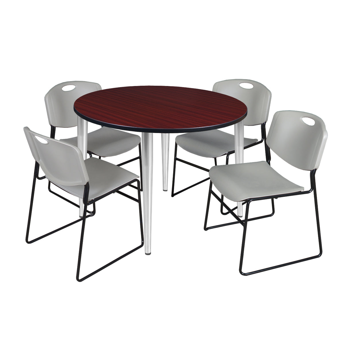Kahlo Round Breakroom Table and Chair Package, 48" Round Kahlo Tapered Leg Breakroom Table with 4 Zeng Stack Chairs