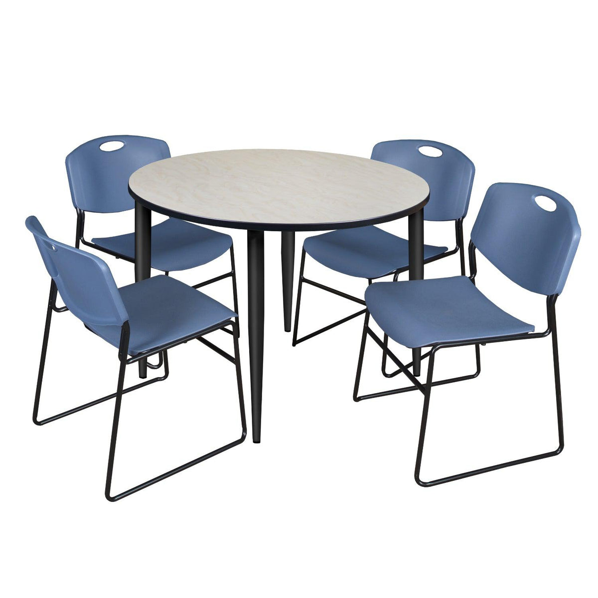 Kahlo Round Breakroom Table and Chair Package, 48" Round Kahlo Tapered Leg Breakroom Table with 4 Zeng Stack Chairs