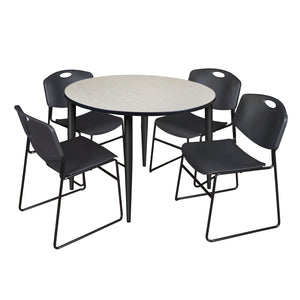 Kahlo Round Breakroom Table and Chair Package, 48" Round Kahlo Tapered Leg Breakroom Table with 4 Zeng Stack Chairs