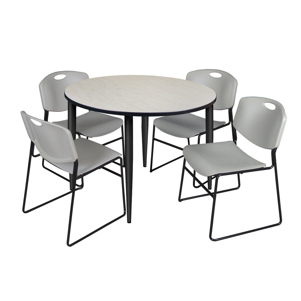 Kahlo Round Breakroom Table and Chair Package, 48" Round Kahlo Tapered Leg Breakroom Table with 4 Zeng Stack Chairs
