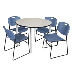 Kahlo Round Breakroom Table and Chair Package, 48" Round Kahlo Tapered Leg Breakroom Table with 4 Zeng Stack Chairs
