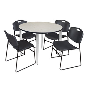 Kahlo Round Breakroom Table and Chair Package, 48" Round Kahlo Tapered Leg Breakroom Table with 4 Zeng Stack Chairs