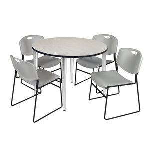 Kahlo Round Breakroom Table and Chair Package, 48" Round Kahlo Tapered Leg Breakroom Table with 4 Zeng Stack Chairs