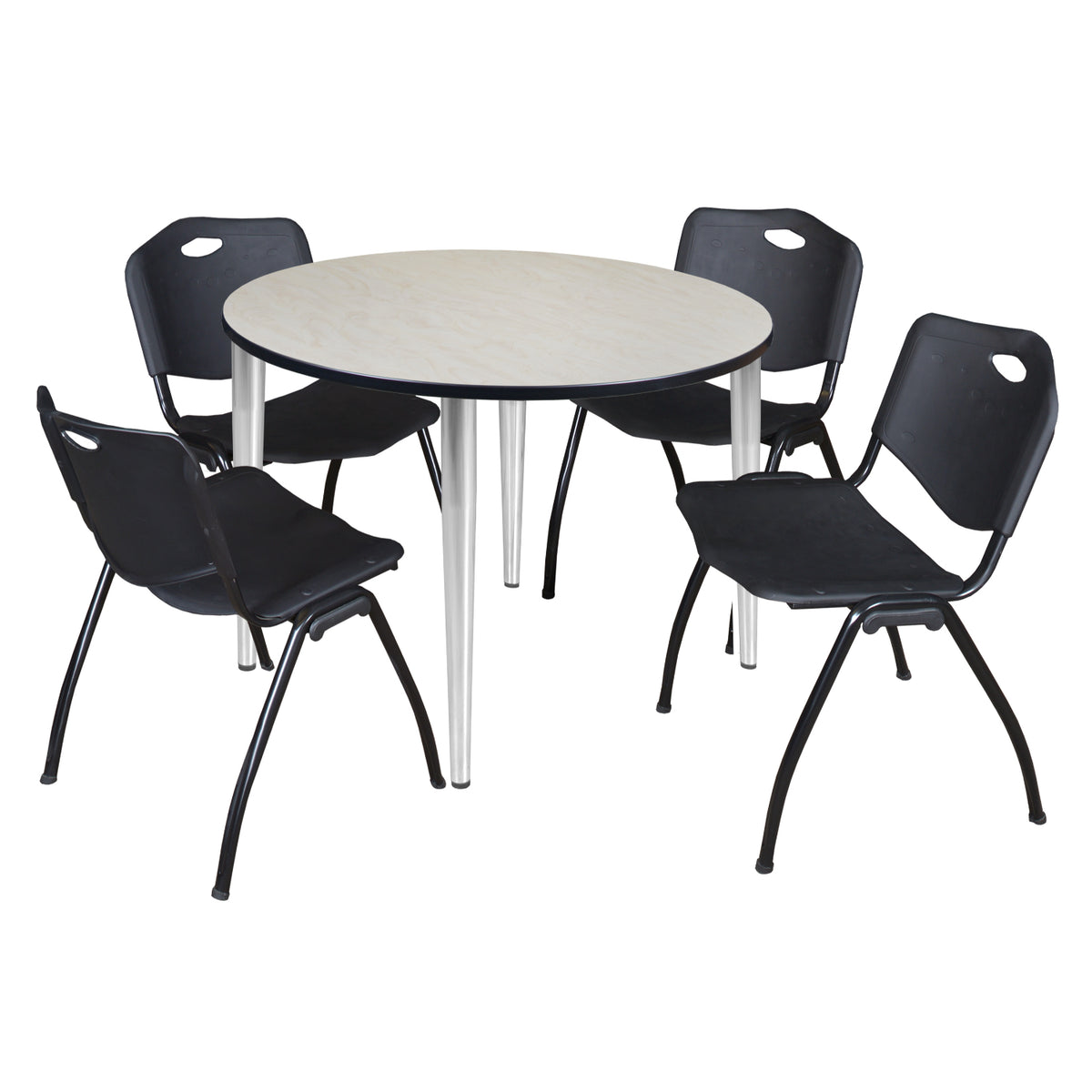 Kahlo Round Breakroom Table and Chair Package, 48" Round Kahlo Tapered Leg Breakroom Table with 4 "M" Stack Chairs