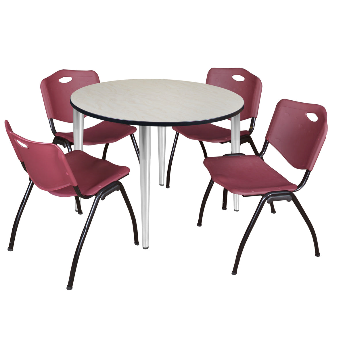Kahlo Round Breakroom Table and Chair Package, 48" Round Kahlo Tapered Leg Breakroom Table with 4 "M" Stack Chairs