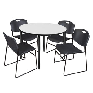 Kahlo Round Breakroom Table and Chair Package, 48" Round Kahlo Tapered Leg Breakroom Table with 4 Zeng Stack Chairs