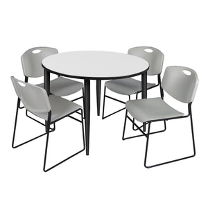 Kahlo Round Breakroom Table and Chair Package, 48" Round Kahlo Tapered Leg Breakroom Table with 4 Zeng Stack Chairs