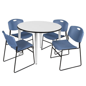 Kahlo Round Breakroom Table and Chair Package, 48" Round Kahlo Tapered Leg Breakroom Table with 4 Zeng Stack Chairs