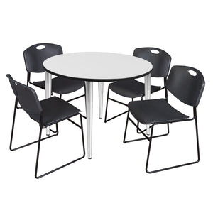 Kahlo Round Breakroom Table and Chair Package, 48" Round Kahlo Tapered Leg Breakroom Table with 4 Zeng Stack Chairs