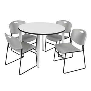 Kahlo Round Breakroom Table and Chair Package, 48" Round Kahlo Tapered Leg Breakroom Table with 4 Zeng Stack Chairs