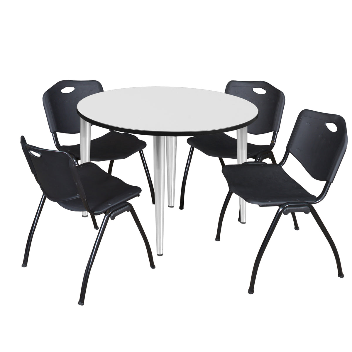 Kahlo Round Breakroom Table and Chair Package, 48" Round Kahlo Tapered Leg Breakroom Table with 4 "M" Stack Chairs