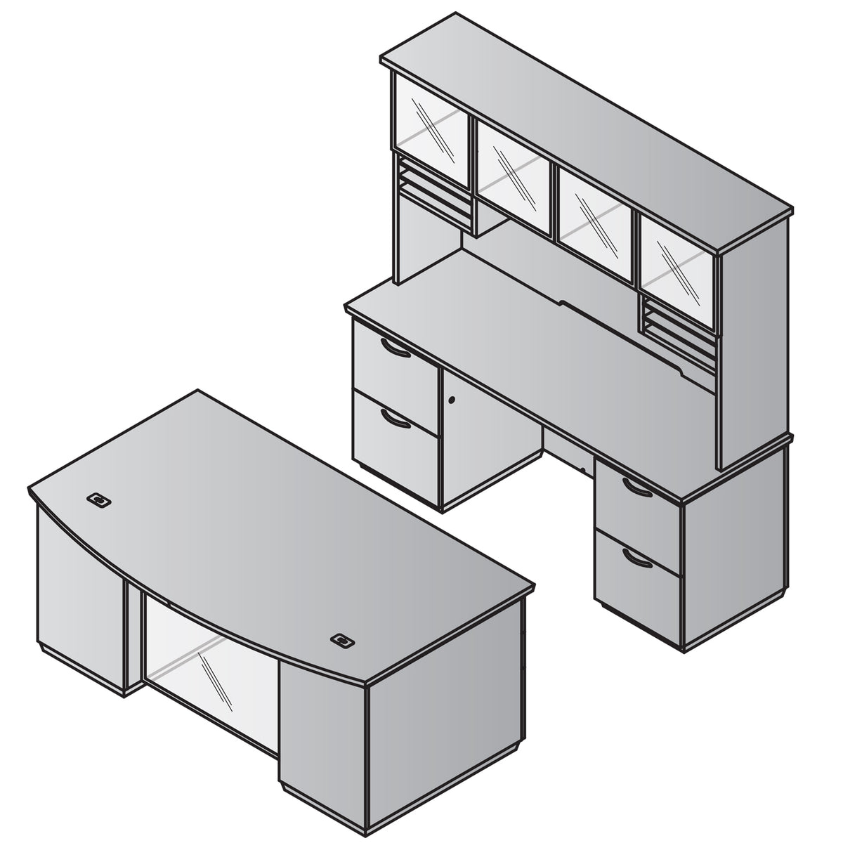 "Tuxedo White" Bow Front Double Pedestal Desk with Credenza and Glass Door Hutch, White Tops with Slate Grey Bases, White Hutch
