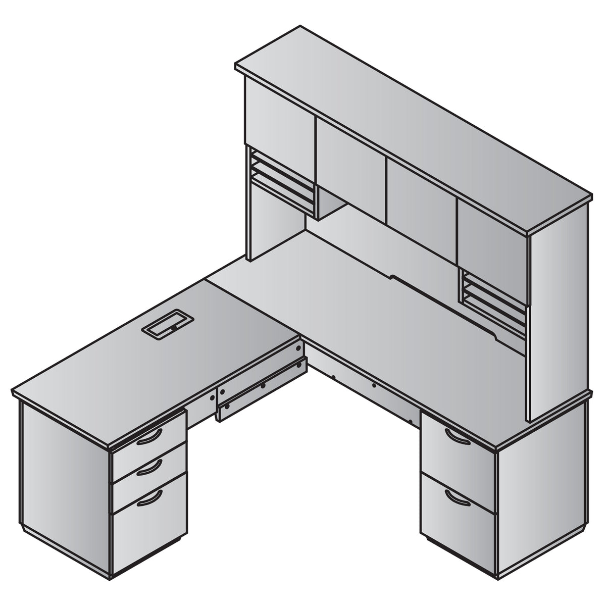 "Tuxedo White" L-Shape with Wood Door Hutch, 72" x 72", White Top with Slate Grey Base