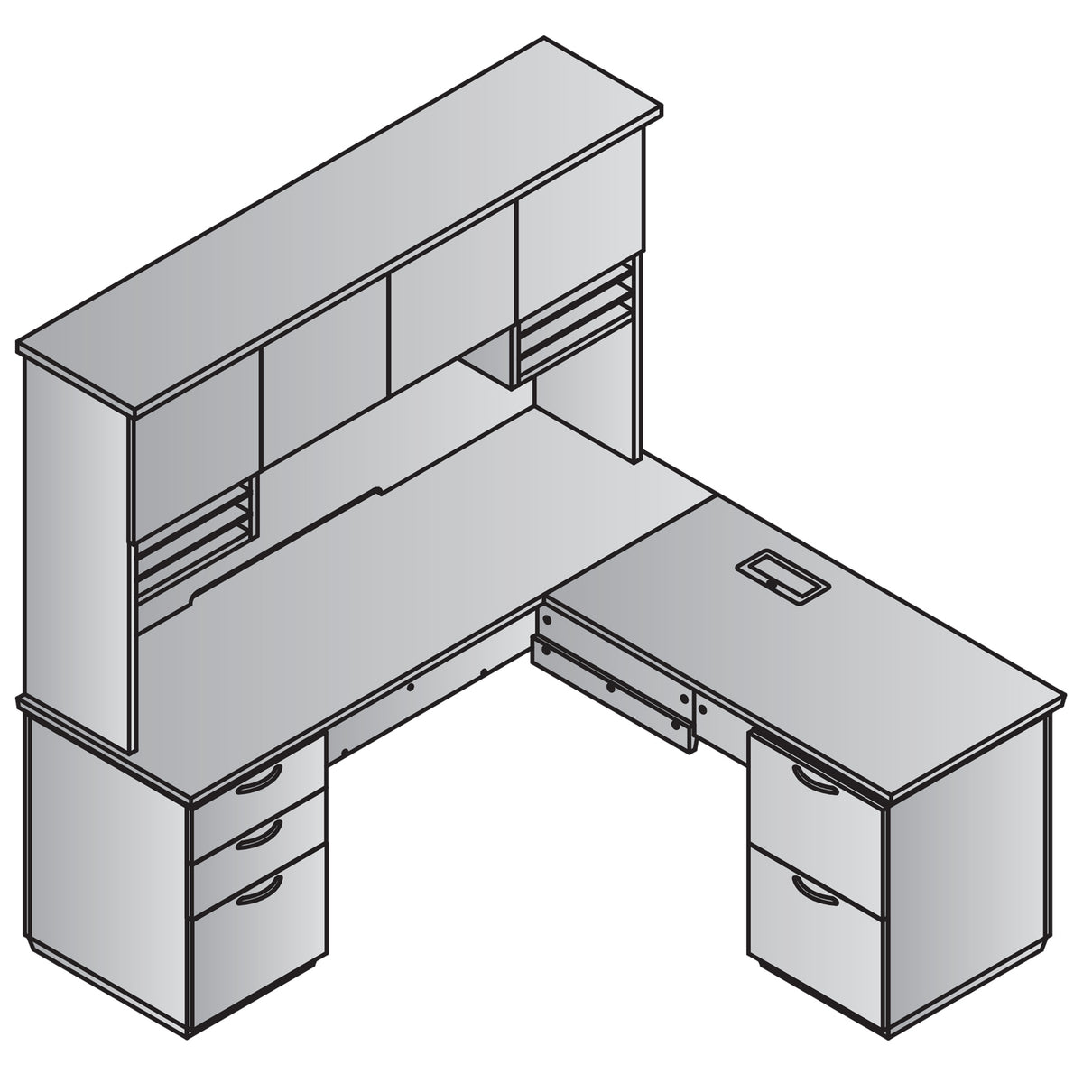"Tuxedo White" L-Shape with Wood Door Hutch, 72" x 72", White Top with Slate Grey Base