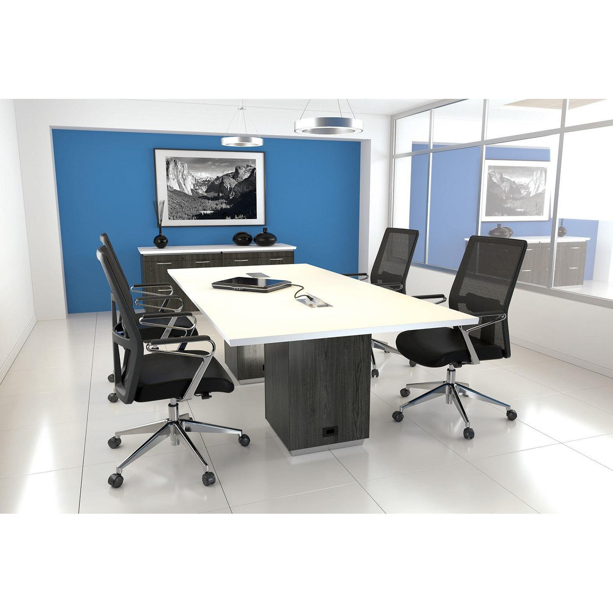 "Tuxedo White" Rectangular Table, 96" x 48", White Top with Slate Grey Bases