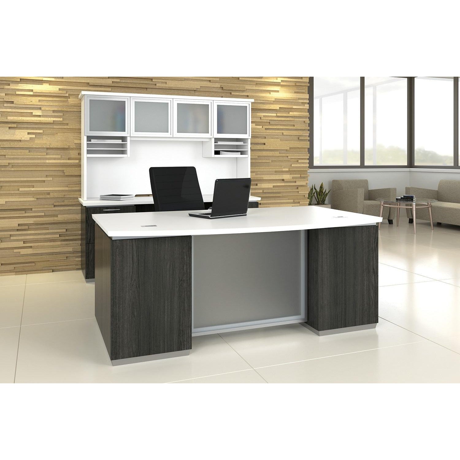 "Tuxedo White" Bow Front Double Pedestal Desk with Credenza and Glass Door Hutch, White Tops with Slate Grey Bases, White Hutch