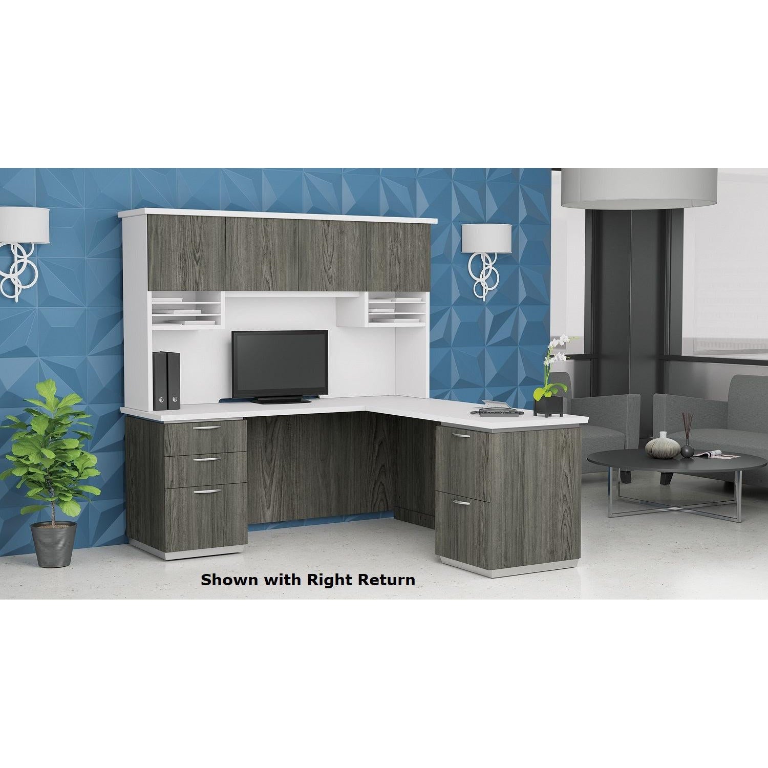 "Tuxedo White" L-Shape with Wood Door Hutch, 72" x 72", White Top with Slate Grey Base