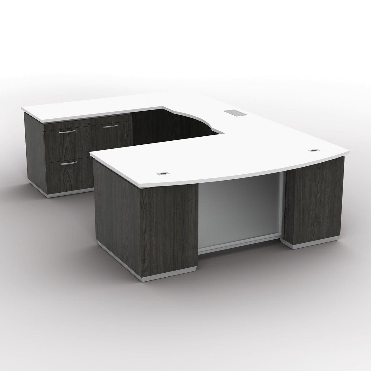 "Tuxedo White" U-Shape with Lateral File Credenza Pedestal, 72" x 114", White Top with Slate Grey Base