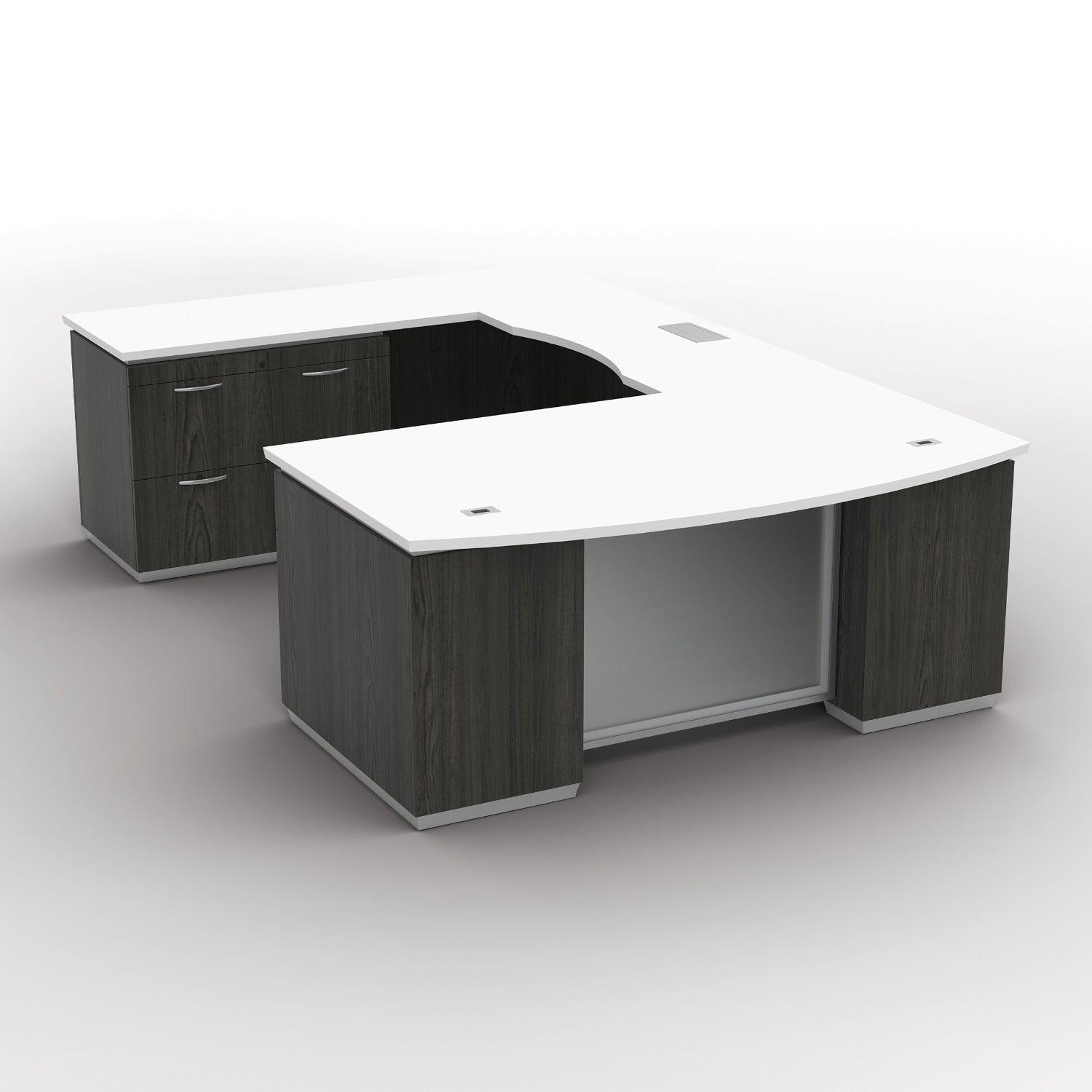 "Tuxedo White" U-Shape with Lateral File Credenza Pedestal, 72" x 114", White Top with Slate Grey Base