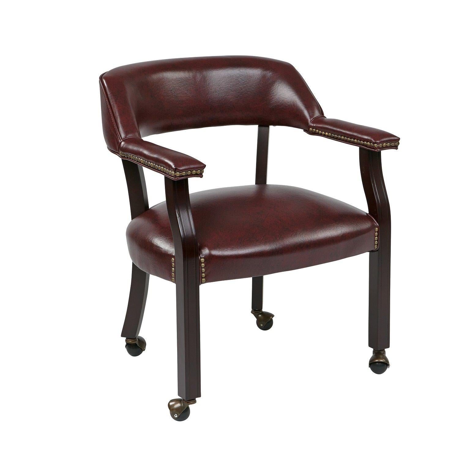 Traditional Guest Chair with Wrap Around Back and casters, Oxblood Vinyl Upholstery
