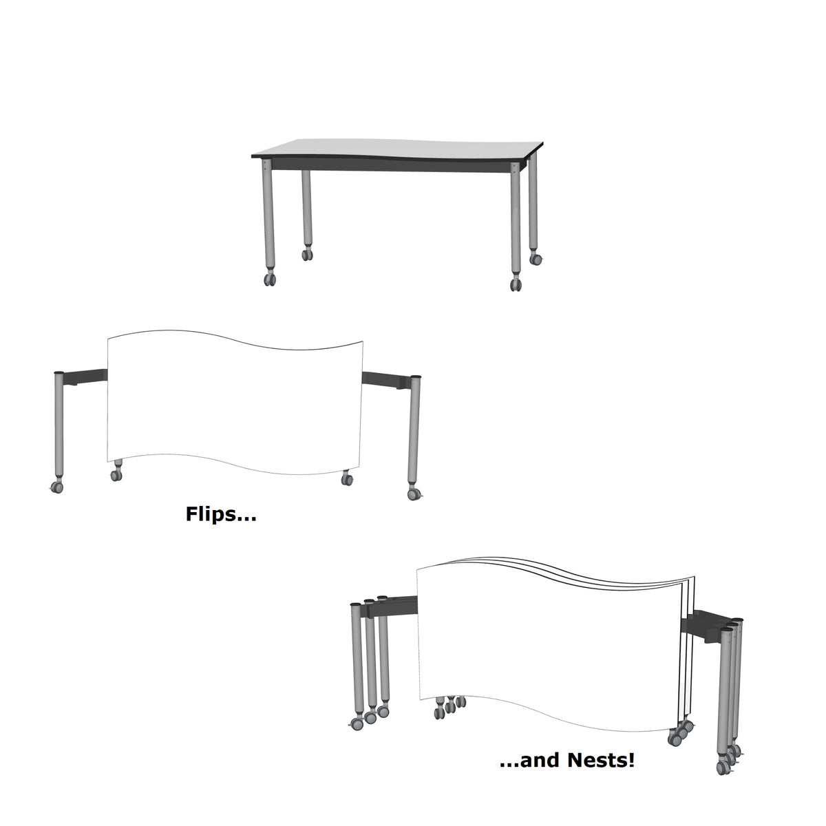 Muzo Kite® Wave Mobile Dry-Erase Flip-Top Folding/Nesting Table, Rectangle, 59" W x 34" D x 29" H