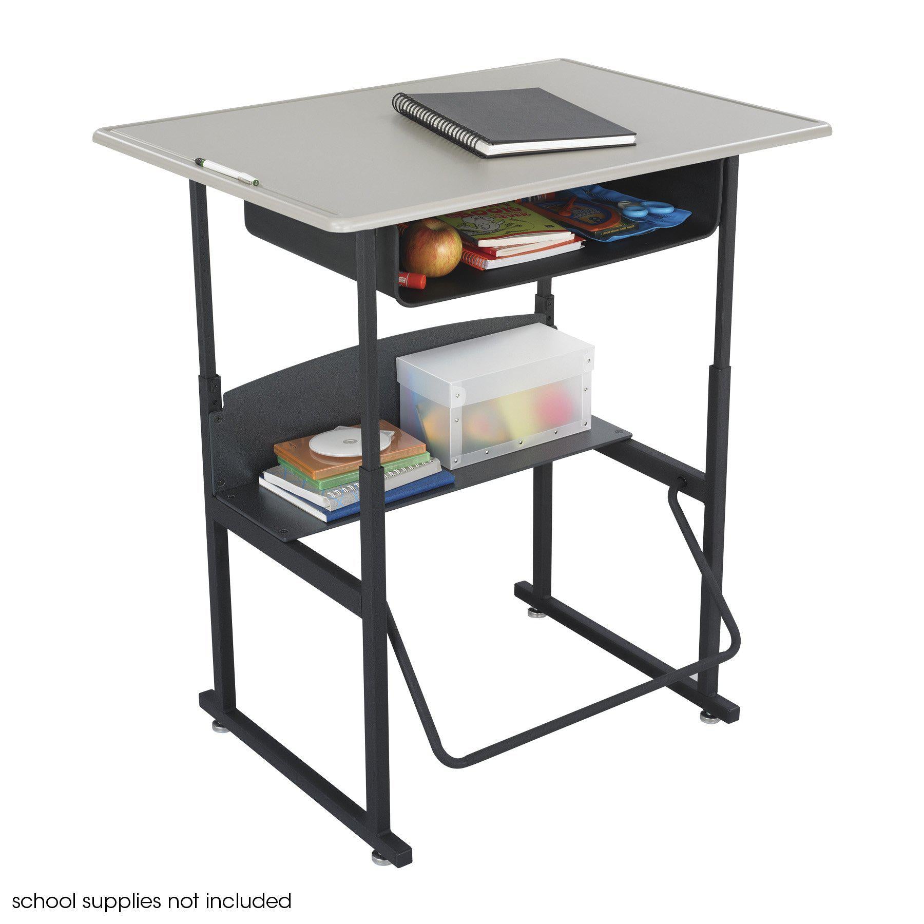 AlphaBetter® Adjustable-Height Stand-Up Desk, 36 x 24" Standard Beige Top, Book Box and Swinging Footrest Bar-Desks-