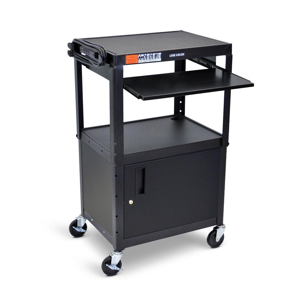 Adjustable Height Steel AV Cart with Cabinet and Pullout Keyboard Tray