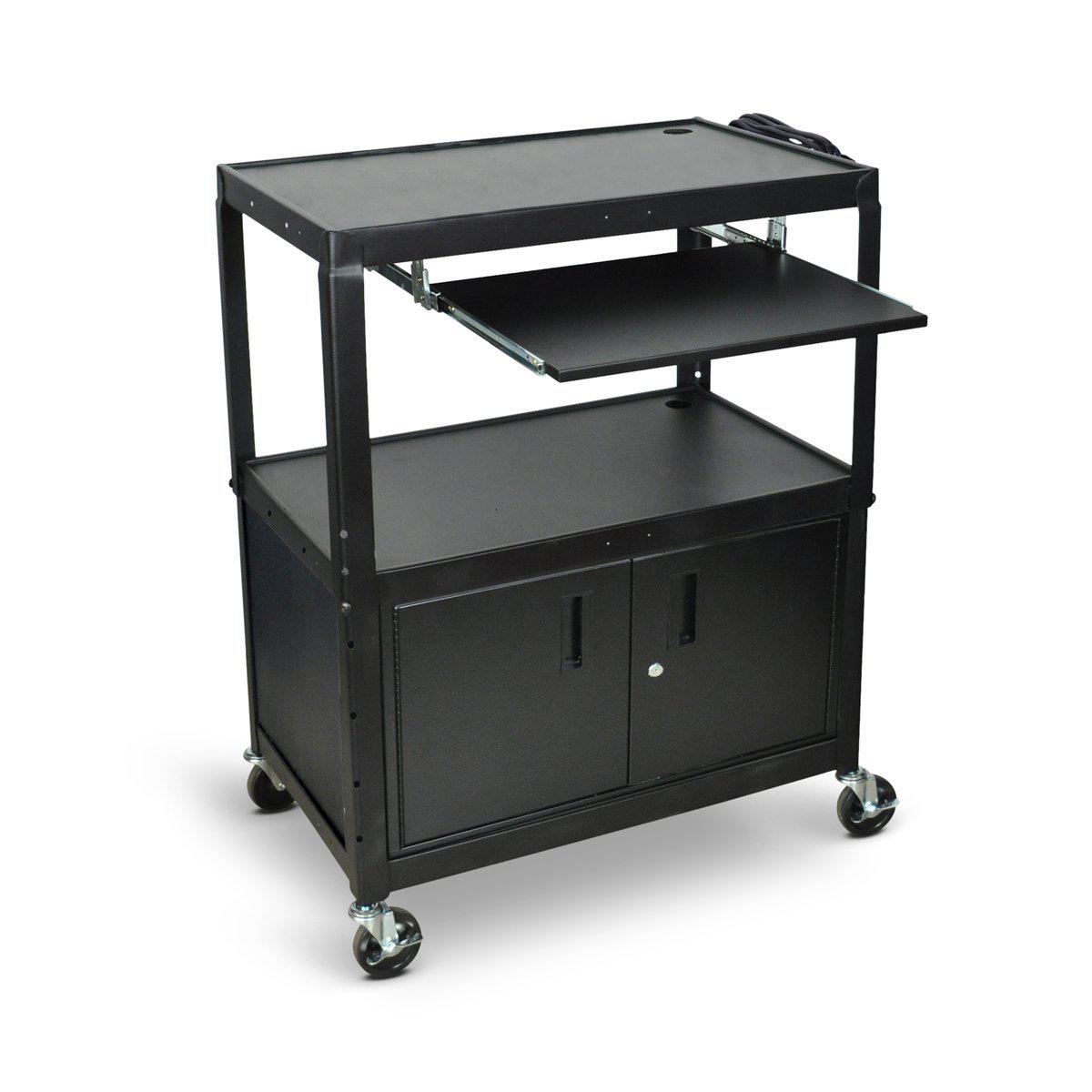 Extra Large Adjustable-Height Steel AV Cart with Cabinet and Pullout Keyboard Tray