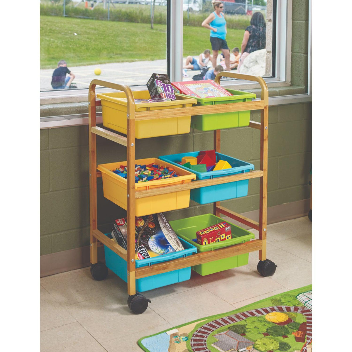 Small Bamboo Book Browser Cart with Six Tubs, Vibrant Cool Tub Combo