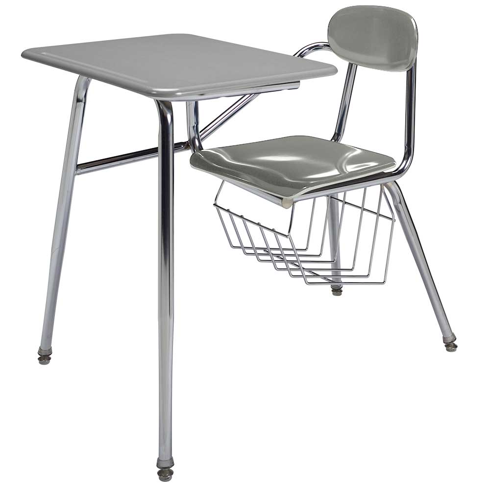 Hard Plastic Combo Desk with Bookbasket, 18" x 24" Silver Top, Chrome Frame, Fossil Shale Seat - QUICK SHIP