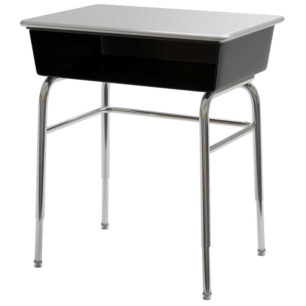 Open Front Adjustable Height Desk, 18" x 24" Solid Hard Plastic Silver Top,  Chrome Frame, Black Book Box - QUICK SHIP