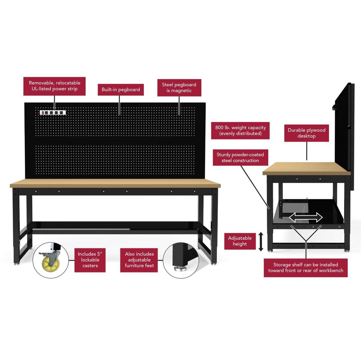 VEVOR Workbench Adjustable Height, 61x 20 Garage Table with 31.3 - 41.3 Heights and 1600 LBS VEVOR Workbench Adjustable Height, 61x 20 Garage Table with 31.3 - 41.3 Heights and 1600 LBS