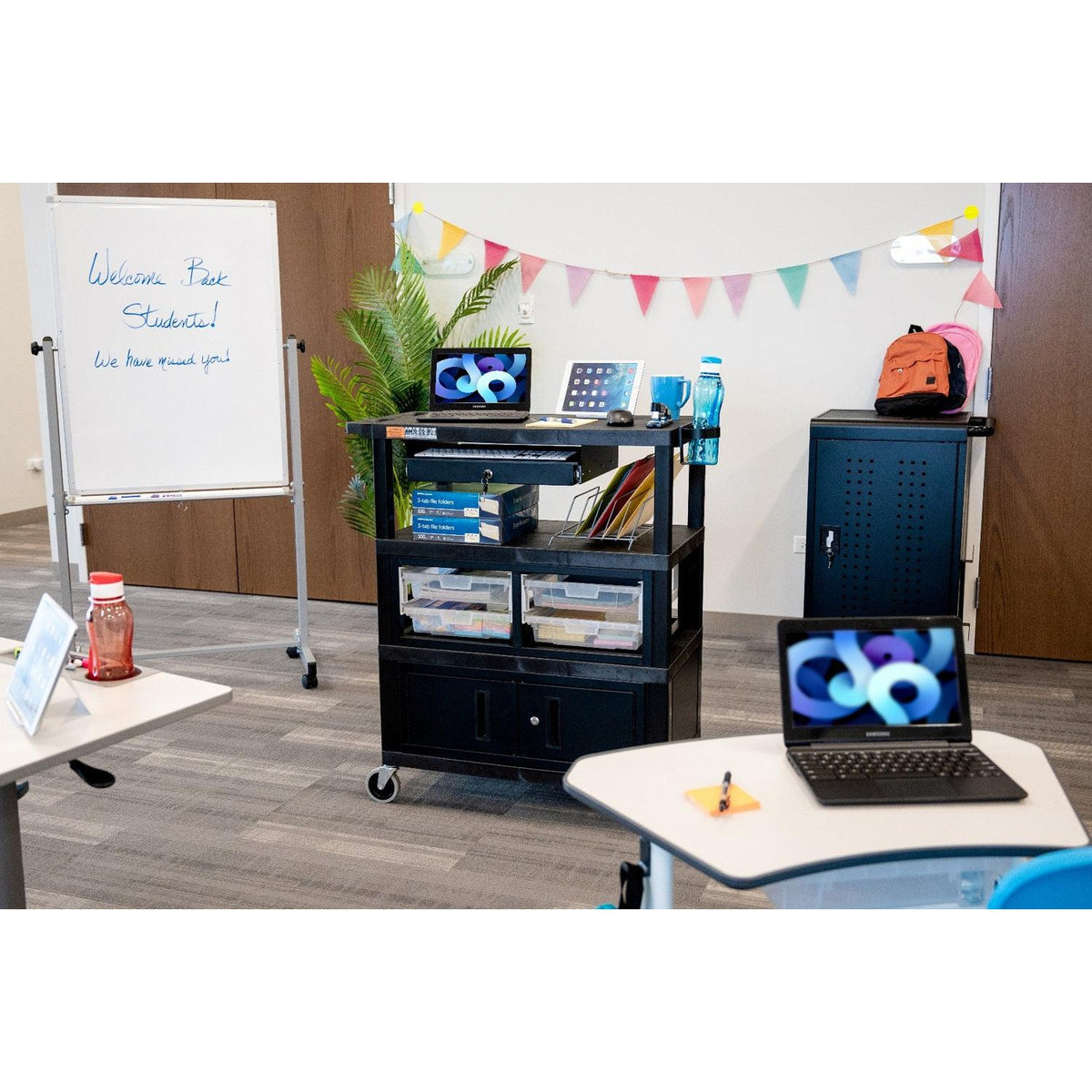 Traveling Teacher Cart with Locking Cabinet