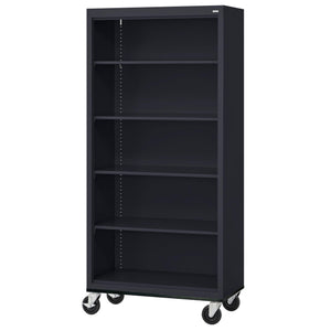 Elite Series Welded Steel Mobile Bookcase, 4 Shelves and Bottom Shelf, 36 x 18 x 72, Black