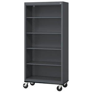 Elite Series Welded Steel Mobile Bookcase, 4 Shelves and Bottom Shelf, 36 x 18 x 72, Charcoal
