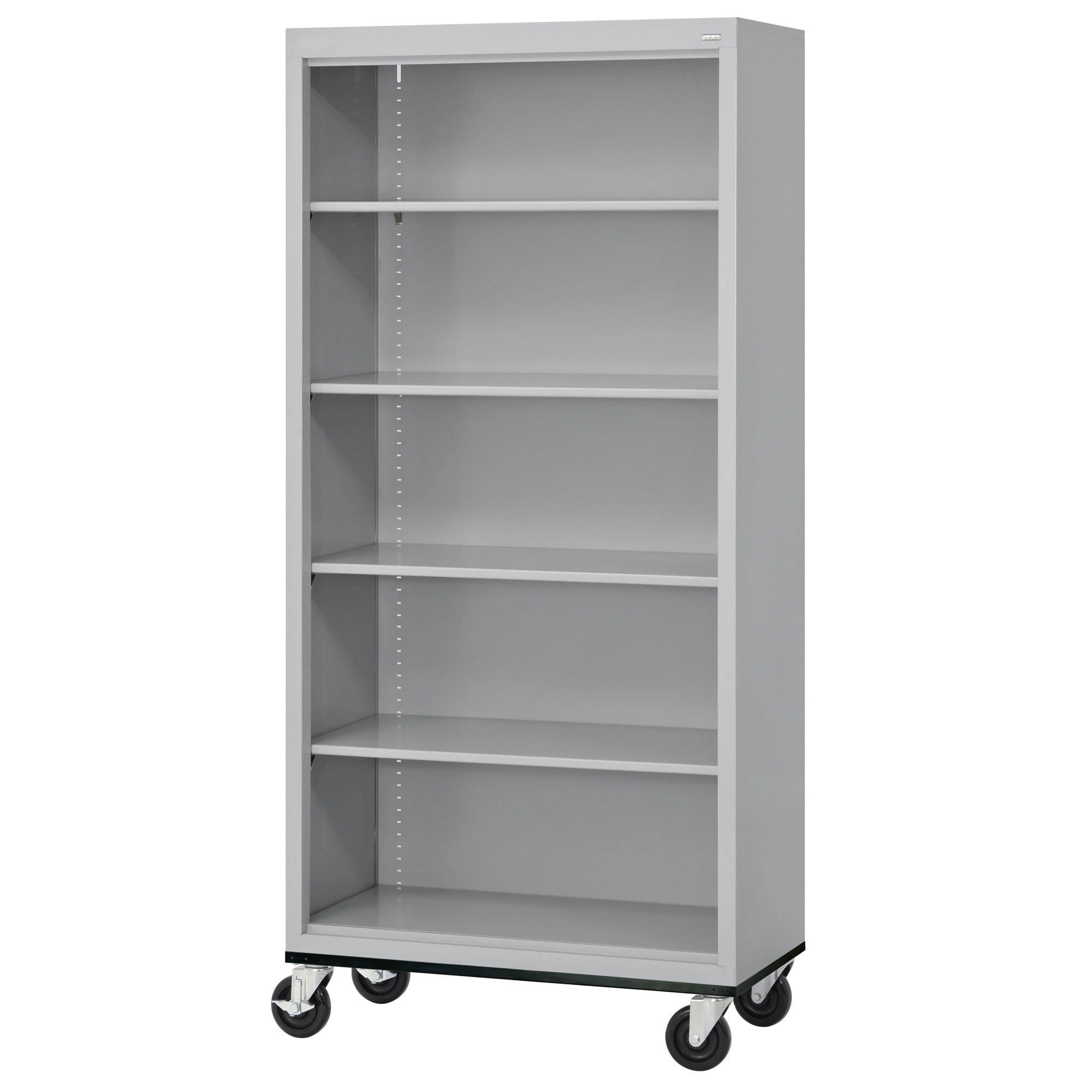 Elite Series Welded Steel Mobile Bookcase, 4 Shelves and Bottom Shelf, 36 x 18 x 72, Dove Gray