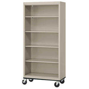 Elite Series Welded Steel Mobile Bookcase, 4 Shelves and Bottom Shelf, 36 x 18 x 72, Putty