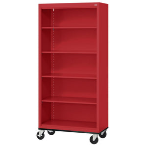 Elite Series Welded Steel Mobile Bookcase, 4 Shelves and Bottom Shelf, 36 x 18 x 72, Red