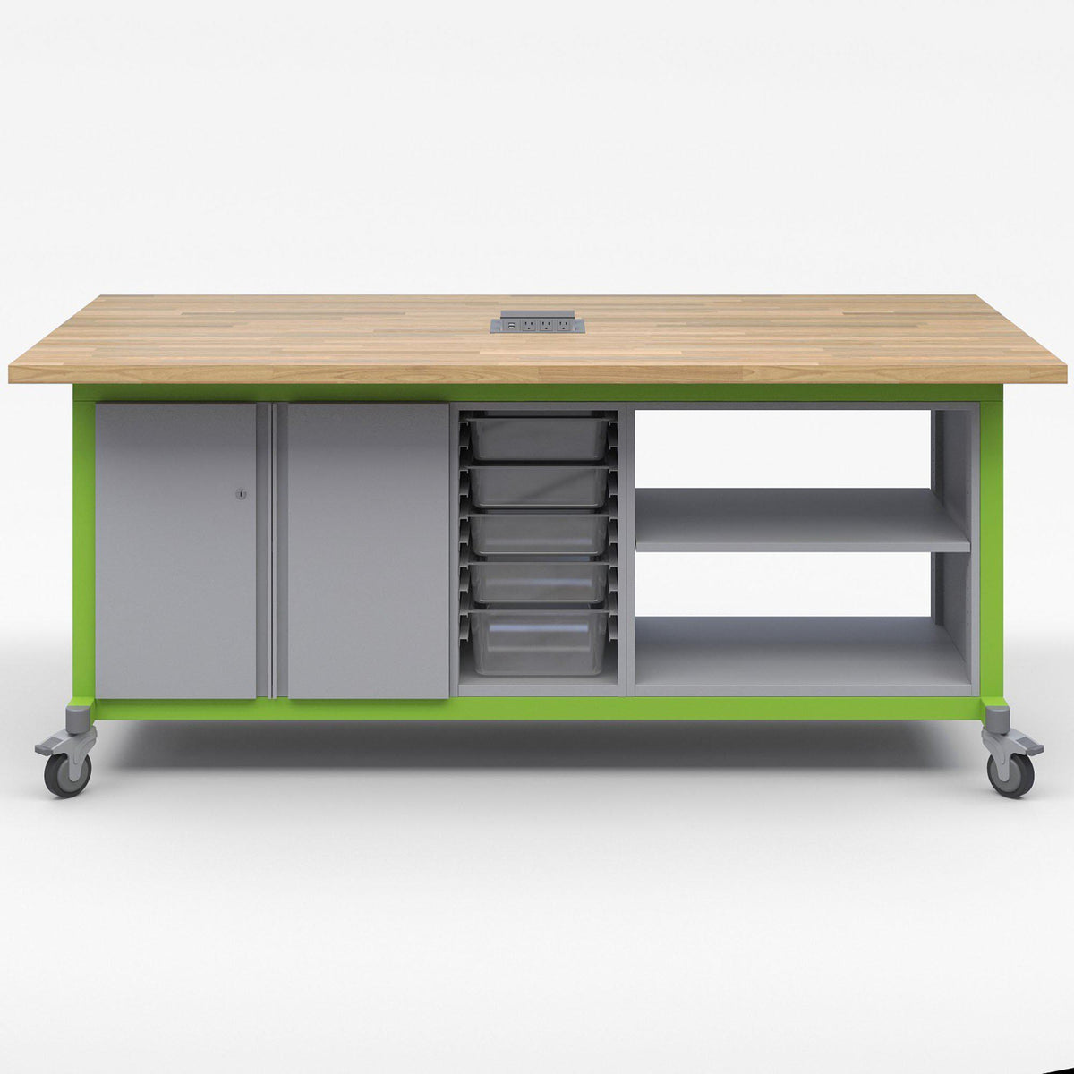 Explorer Series Maker Tables with Power-Tables-1 Bin Module, 1 Double Open and 1 Double Door Storage Module-Green Apple-