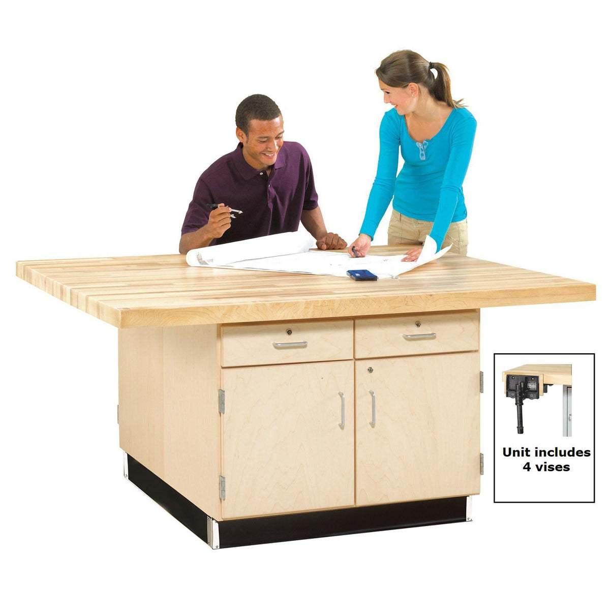 Four-Station Wood Workbench with Four Doors and Drawers-4-