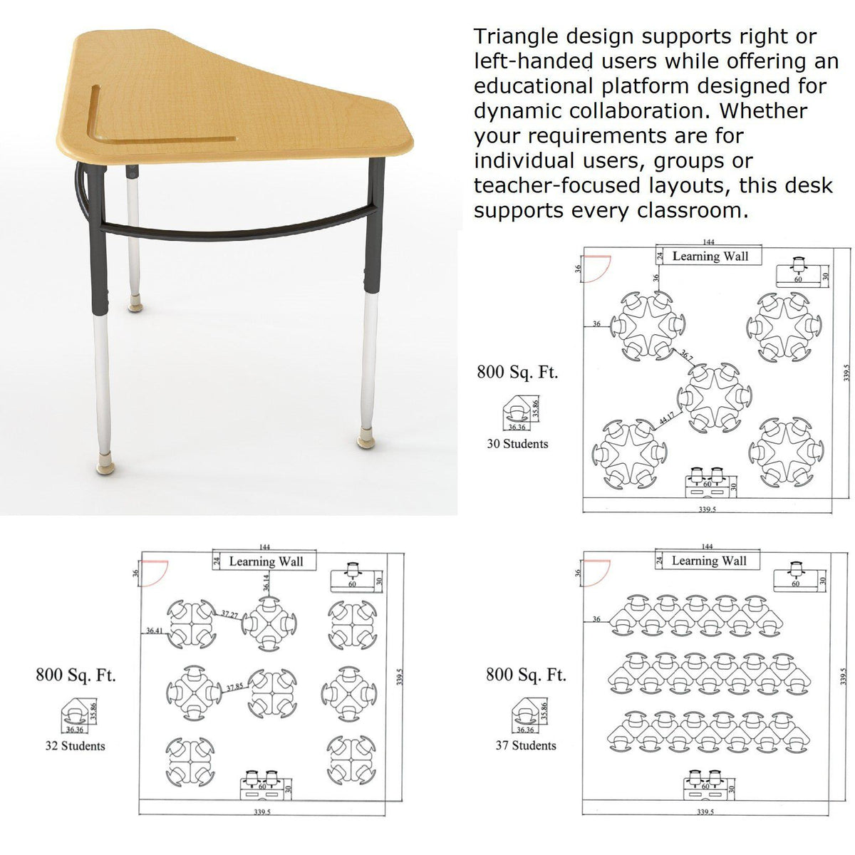 Kaleidoscope Collaborative Learning  Adjustable Height Triangle Desk with Solid Plastic Top