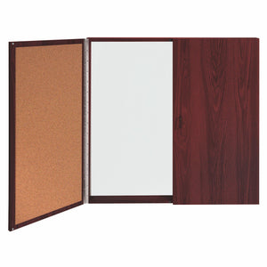 Magnetic Porcelain Whiteboard Cabinet with Cork Interior Doors, 4'H x 4'W-Boards-Mahogany-