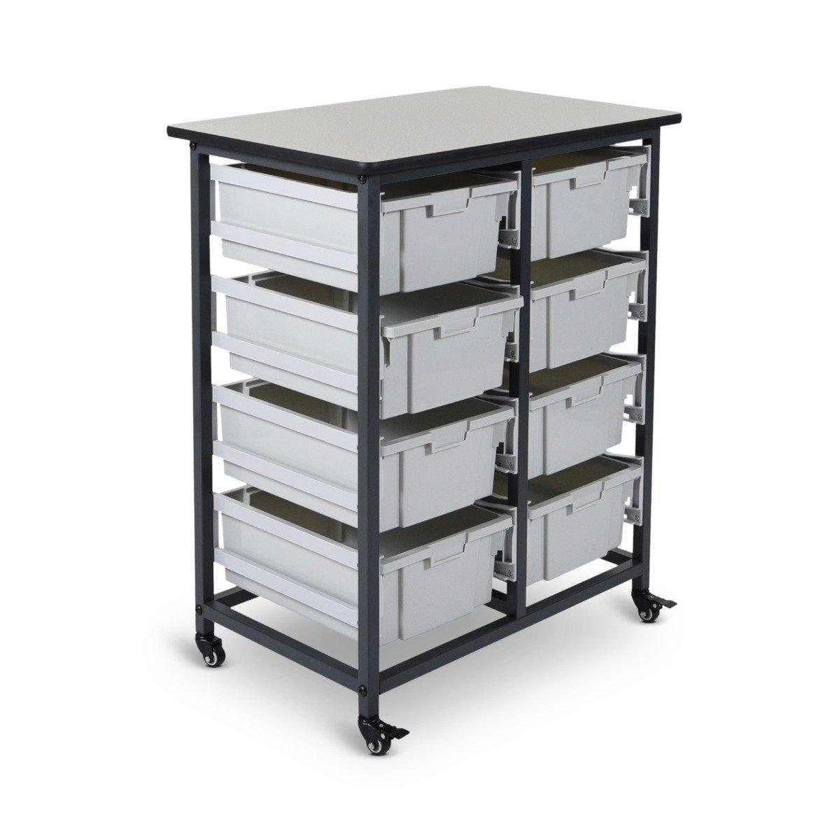 Mobile Bin Double Row Storage Unit with 8 Large Light Gray Bins
