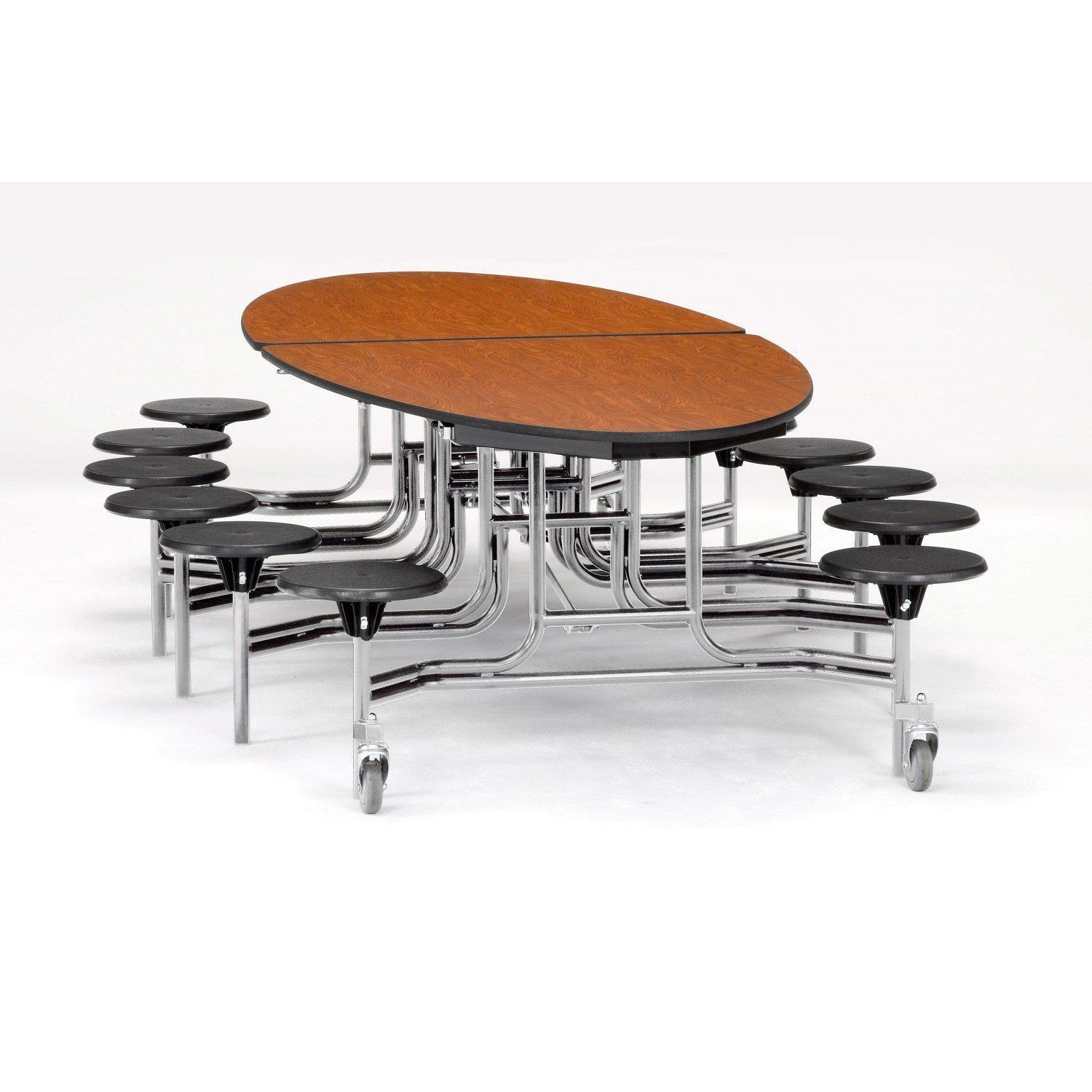 Mobile Cafeteria Table with 12 Stools, 10' Elliptical, MDF Core, Black ProtectEdge, Chrome Frame