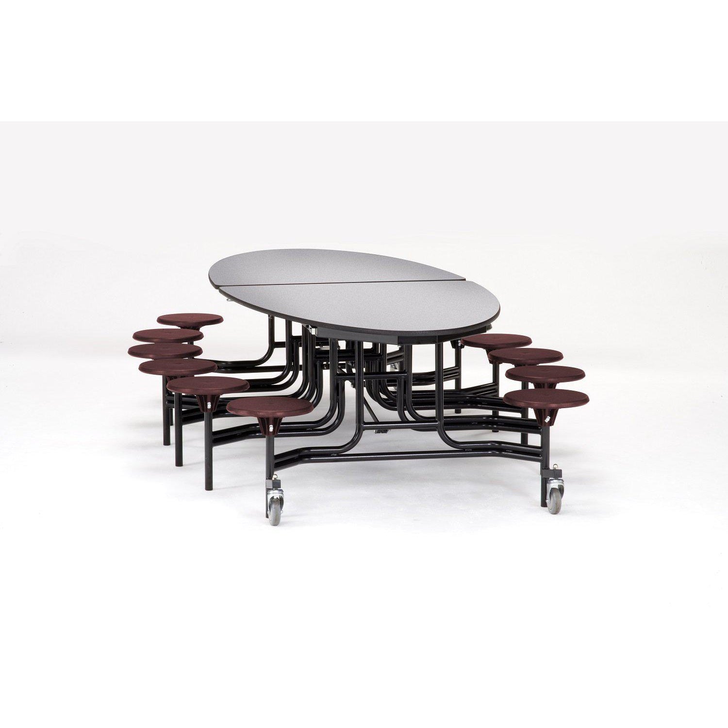 Mobile Cafeteria Table with 12 Stools, 10' Elliptical, Plywood Core, Vinyl T-Mold Edge, Textured Black Frame