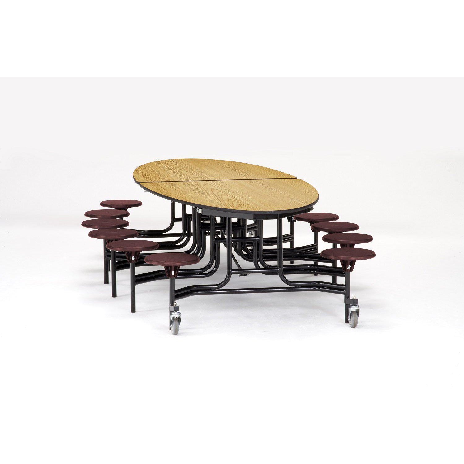 Mobile Cafeteria Table with 12 Stools, 10' Elliptical, MDF Core, Black ProtectEdge, Textured Black Frame