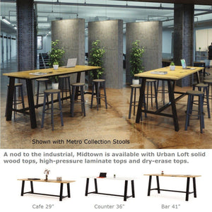 Midtown Table, Café Height, 36" x 96" x 30"H, Urban Loft Solid Wood Top, 72" Base